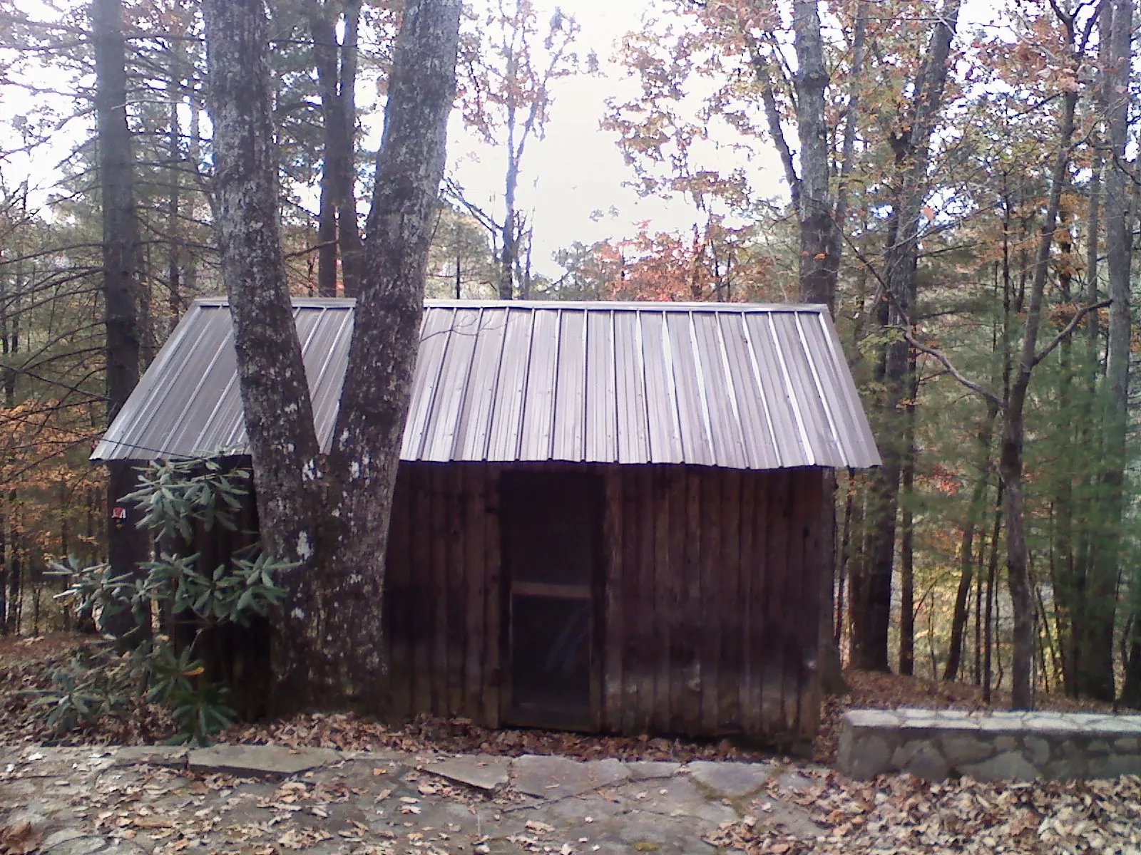 New metal gable roof on a small log shed among the trees in Denton